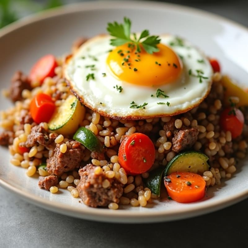 Savory Ground Beef and Mixed Veggie Rice Skillet with Fried Egg