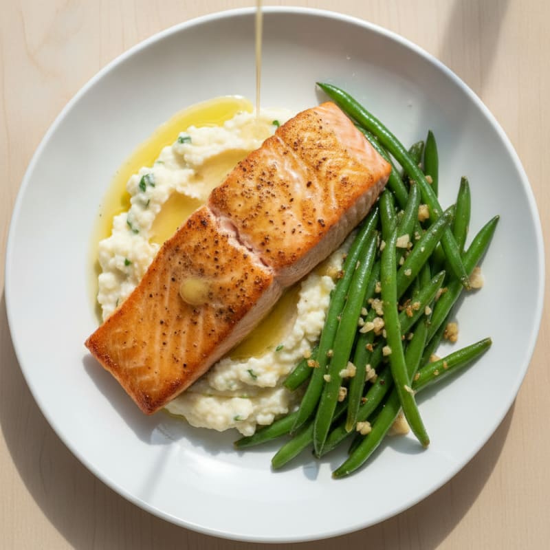 Seared Salmon with Garlic Green Beans and Cauliflower Mash