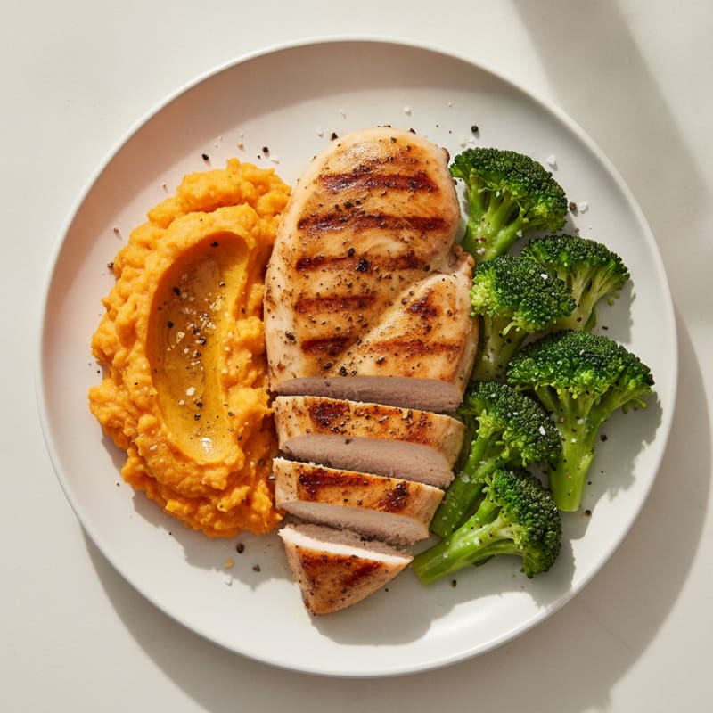 Grilled Chicken Breast with Steamed Broccoli and Sweet Potato Mash