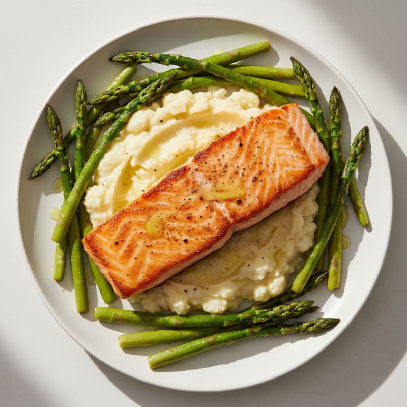 Seared Salmon Fillet with Asparagus and Garlic Mashed Cauliflower