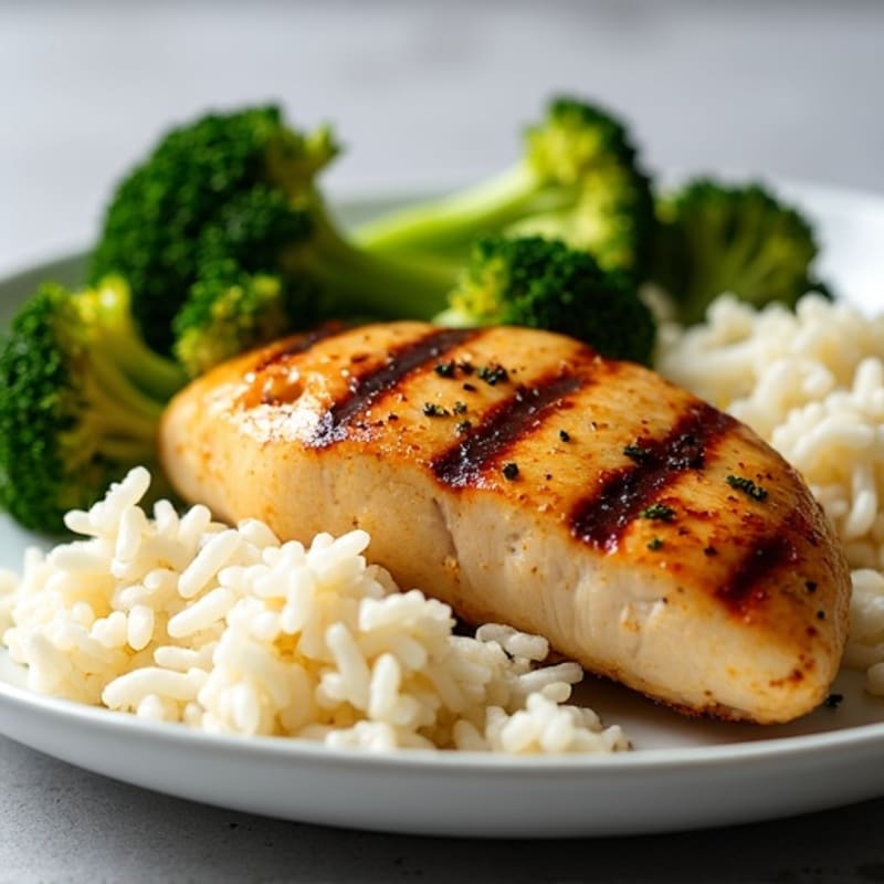 Grilled Chicken Breast with Steamed Rice and Roasted Broccoli
