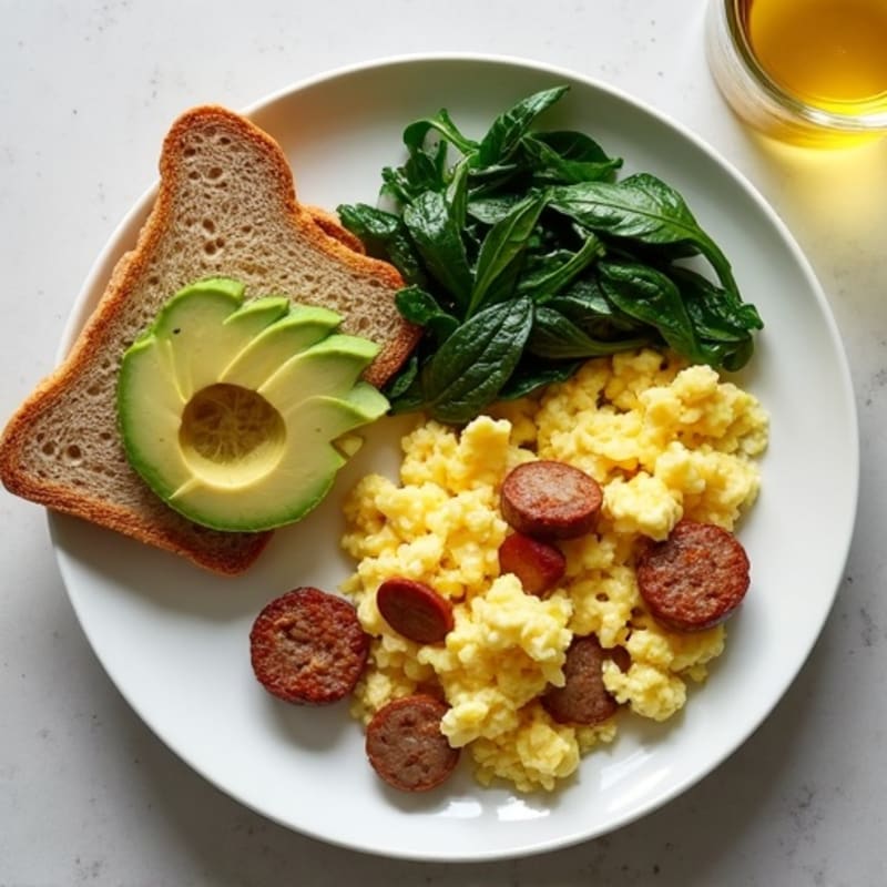 Egg White Scramble with Turkey Sausage and Sautéed Spinach