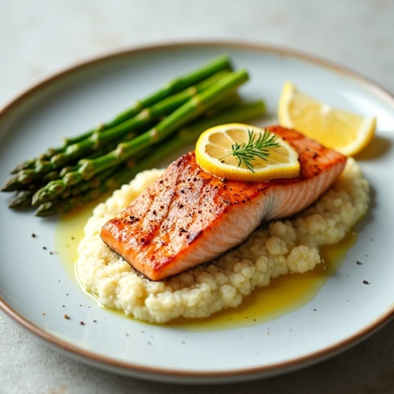 Seared Salmon with Steamed Asparagus and Cauliflower Mash