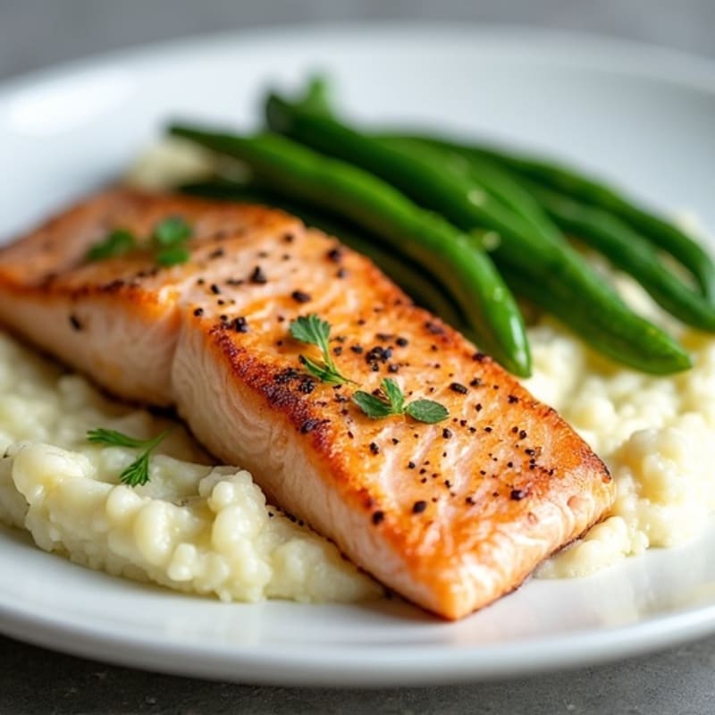 Seared Salmon with Garlic Green Beans and Cauliflower Mash