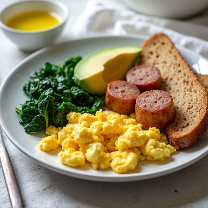 Egg White and Turkey Sausage Scramble with Sautéed Spinach