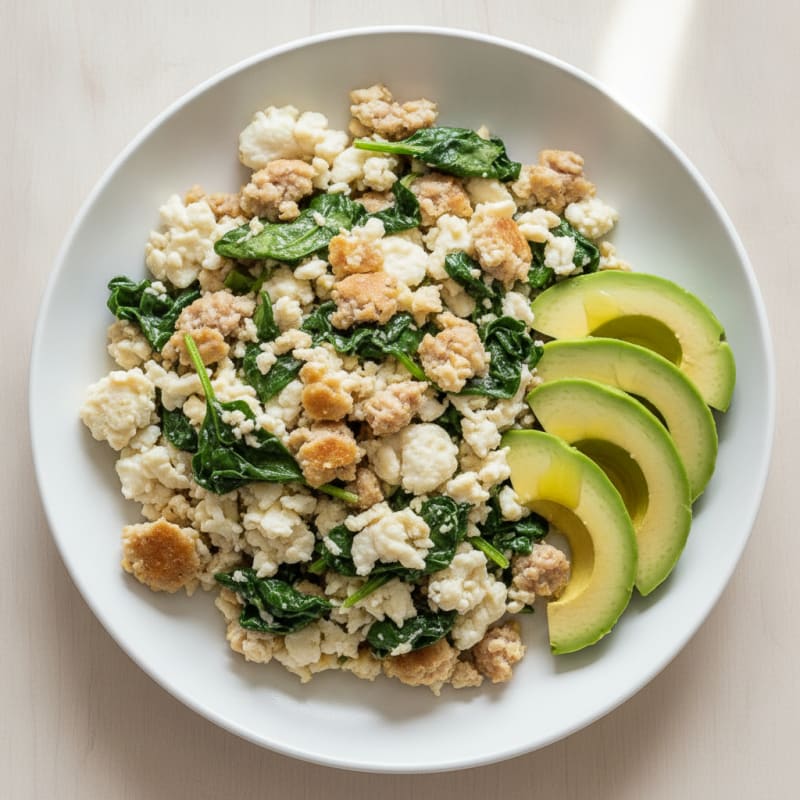 Egg White and Turkey Sausage Scramble with Sautéed Spinach