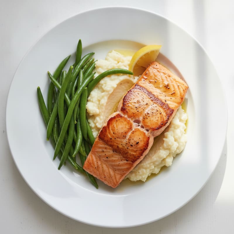 Seared Salmon with Steamed Green Beans and Cauliflower Mash