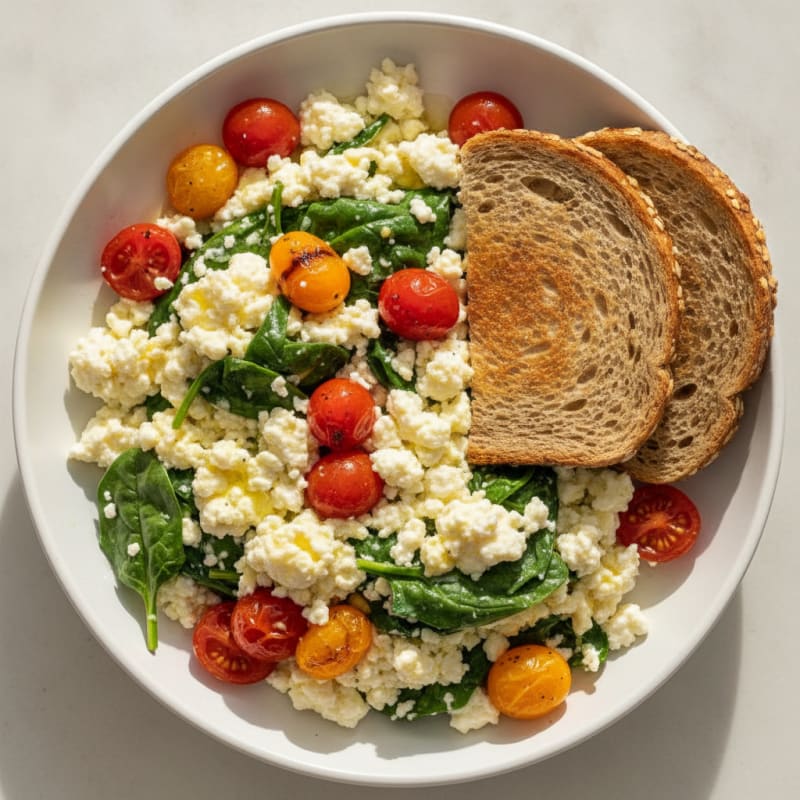 Cottage Cheese Scramble with Spinach and Cherry Tomatoes