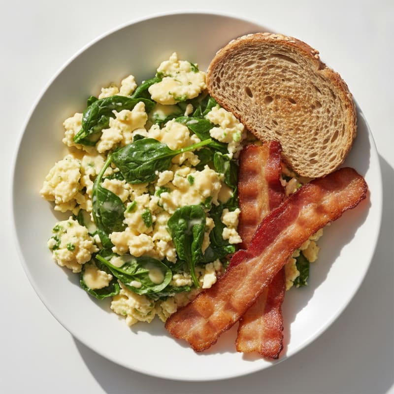 Cottage Cheese Egg Scramble with Spinach and Turkey Bacon