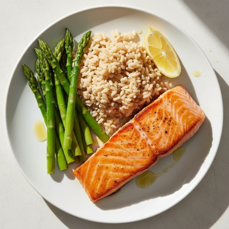 Seared Salmon Fillet with Steamed Asparagus and Brown Rice