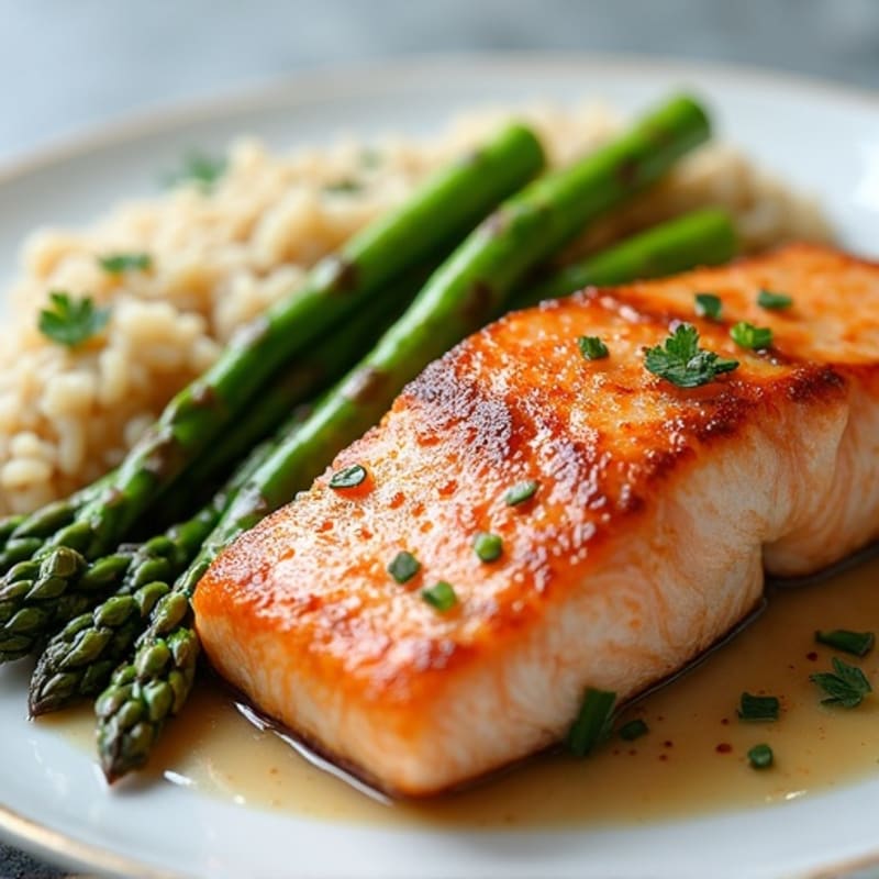 Seared Salmon Fillet with Steamed Asparagus and Brown Rice