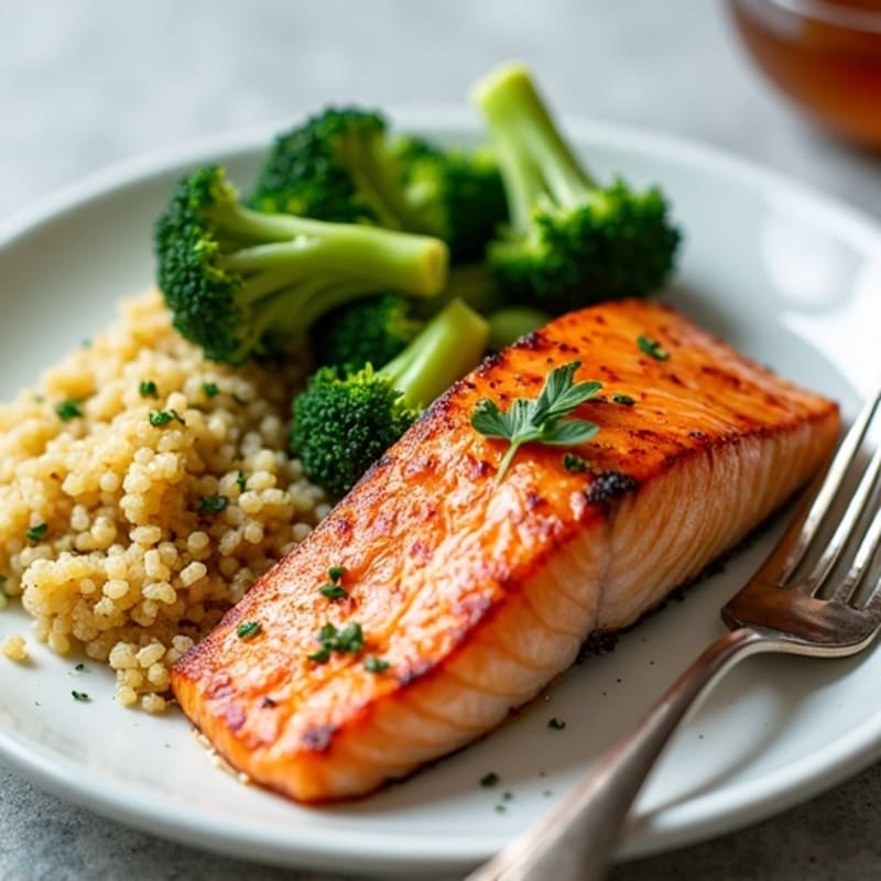 Seared Salmon with Garlic Broccoli and Quinoa