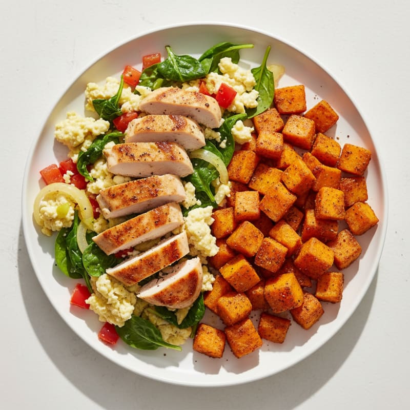 Chicken Egg White Scramble with Sweet Potato Hash