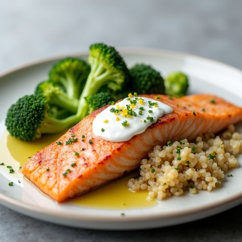 Seared Salmon with Steamed Broccoli and Lemon Quinoa