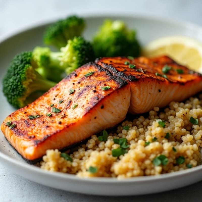 Seared Salmon with Steamed Broccoli and Quinoa