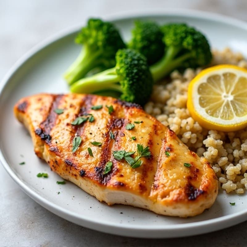 Grilled Lemon-Garlic Chicken Breast with Quinoa and Steamed Broccoli