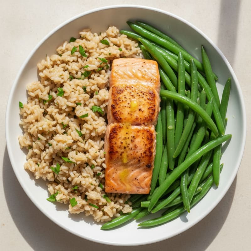 Seared Salmon with Steamed Green Beans and Herb Rice