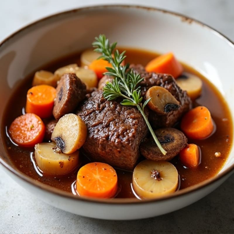 Tender Braised Beef with Root Vegetables and Mushrooms