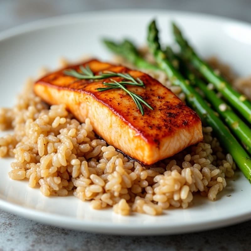 Seared Salmon Fillet with Steamed Asparagus and Brown Rice