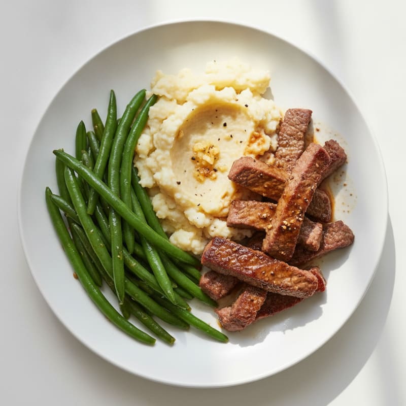 Seared Beef Strips with Steamed Green Beans and Cauliflower Mash