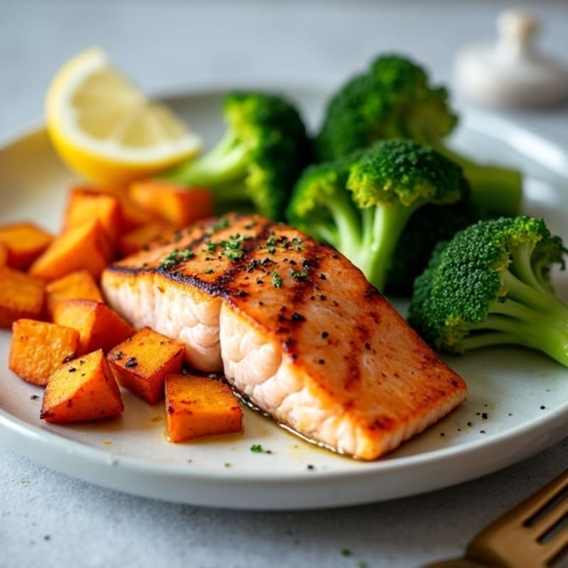 Seared Salmon with Roasted Sweet Potato and Steamed Broccoli