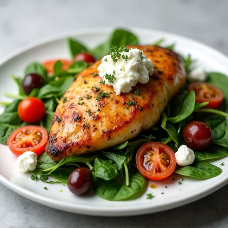 Herb-Roasted Chicken with Crisp Greens, Tomatoes, Olives, and Creamy Feta