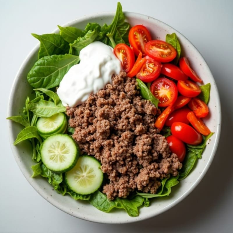 Lean Ground Beef Bowl with Fresh Crispy Veggies and Tangy Creamy Dressing