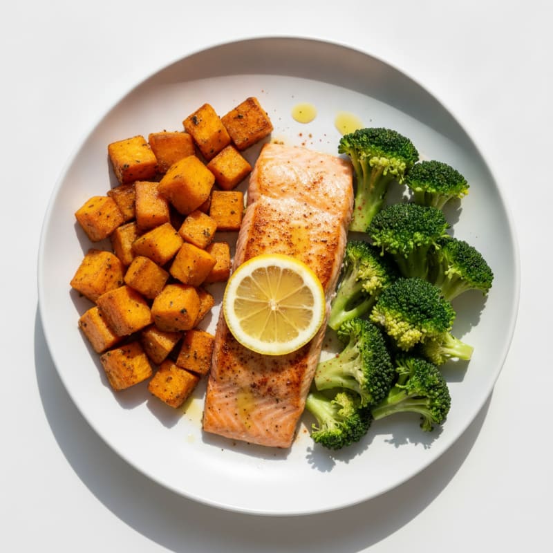 Seared Salmon Fillet with Roasted Sweet Potatoes and Steamed Broccoli