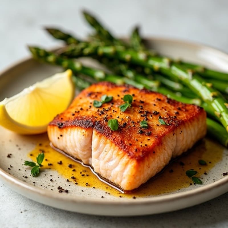 Crispy Pan-Seared Salmon with Garlicky Roasted Asparagus