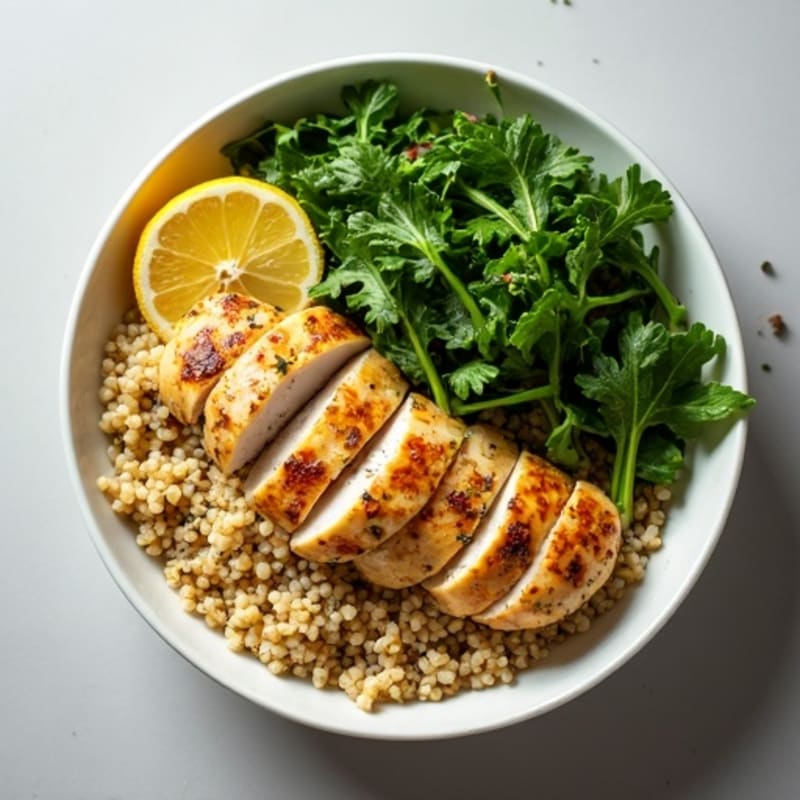 Herb-Roasted Chicken and Quinoa Bowl with Fresh Greens and Lemon Vinaigrette