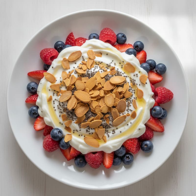 High-Protein Greek Yogurt Parfait with Mixed Berries and Almonds