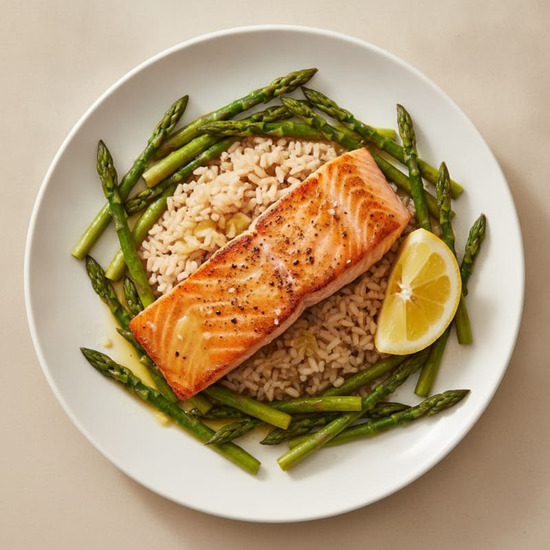 Seared Salmon Fillet with Steamed Asparagus and Brown Rice