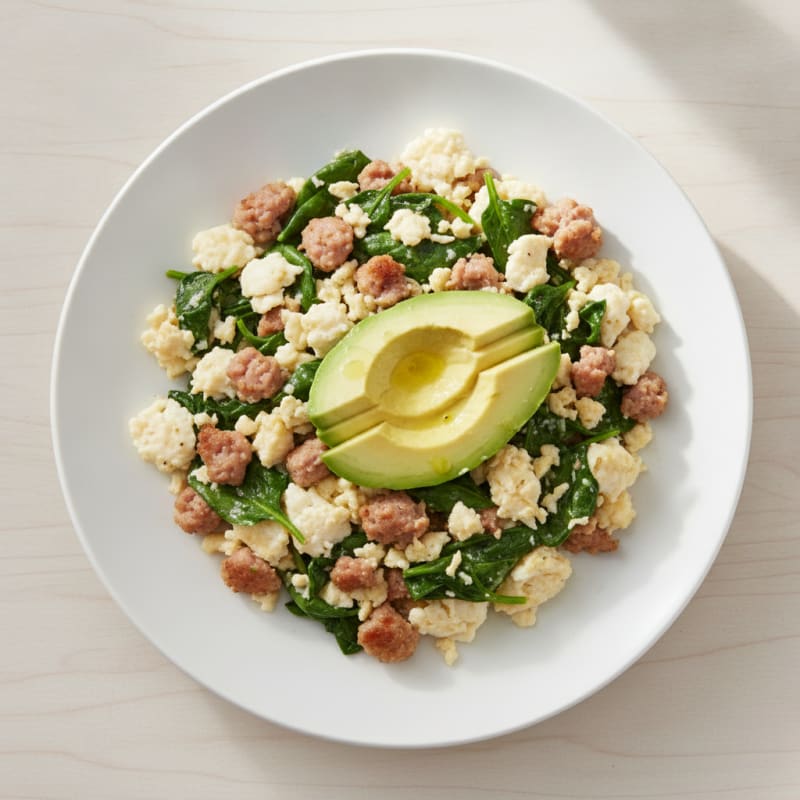 Egg White and Turkey Sausage Scramble with Sautéed Spinach