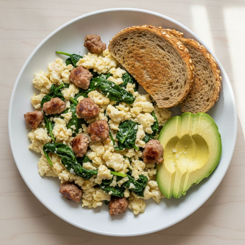 Egg White and Spinach Scramble with Turkey Sausage