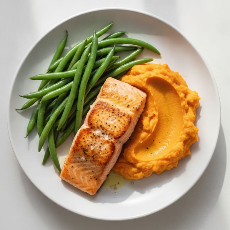 Seared Salmon with Steamed Green Beans and Sweet Potato Mash
