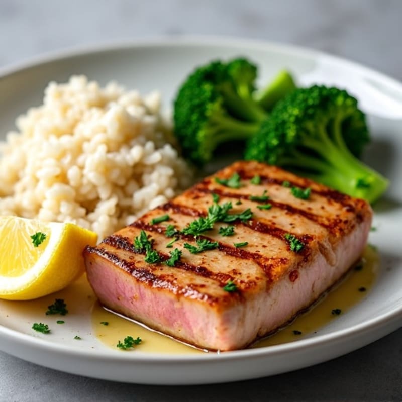 Seared Tuna Steak with Garlic Herb Rice and Steamed Broccoli