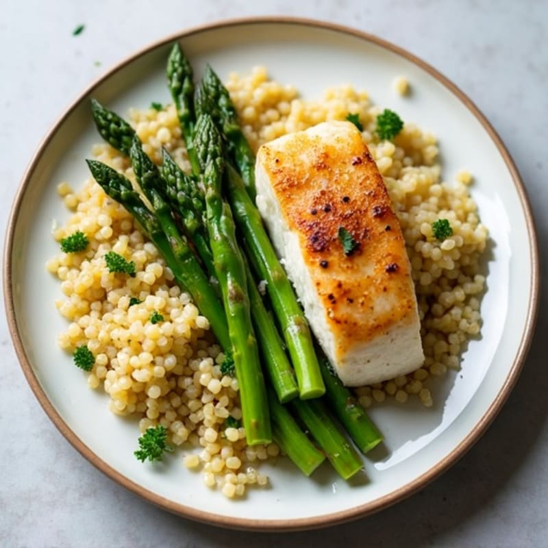 Seared Cod with Steamed Asparagus and Herbed Quinoa