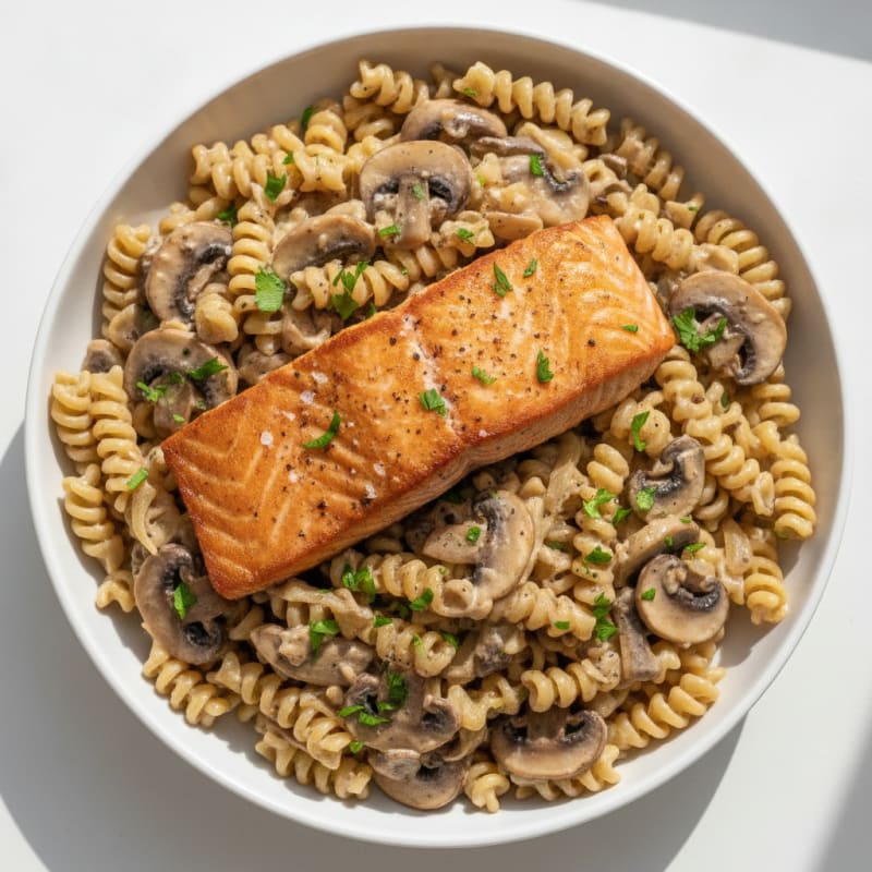 Pan-Seared Salmon with Creamy Mushroom Pasta