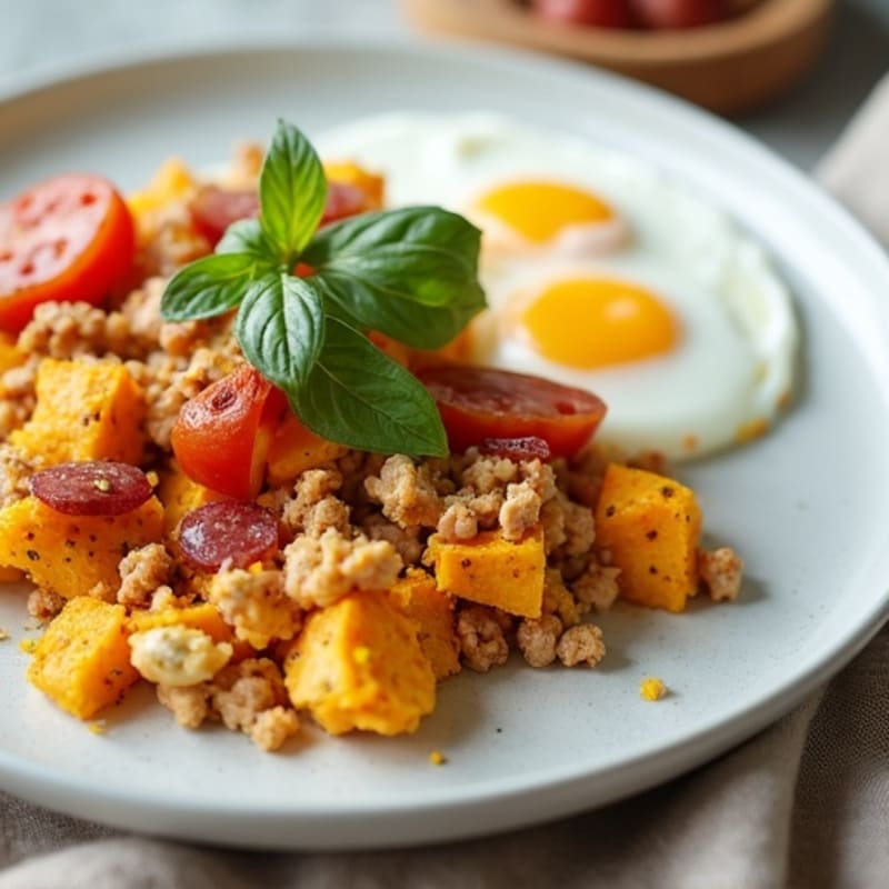 Egg and Turkey Scramble with Sautéed Sweet Potato
