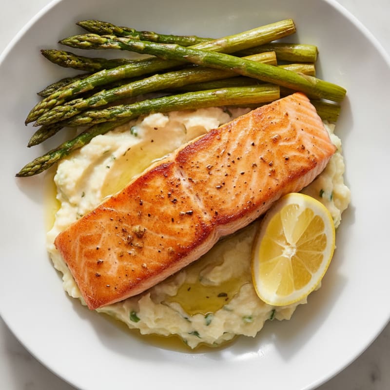 Seared Salmon Fillet with Roasted Asparagus and Cauliflower Mash