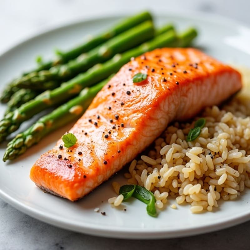 Seared Salmon with Steamed Asparagus and Brown Rice
