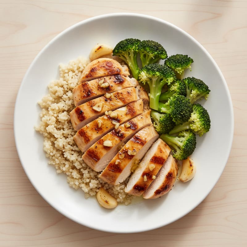 Grilled Lemon-Garlic Chicken Breast with Quinoa and Steamed Broccoli