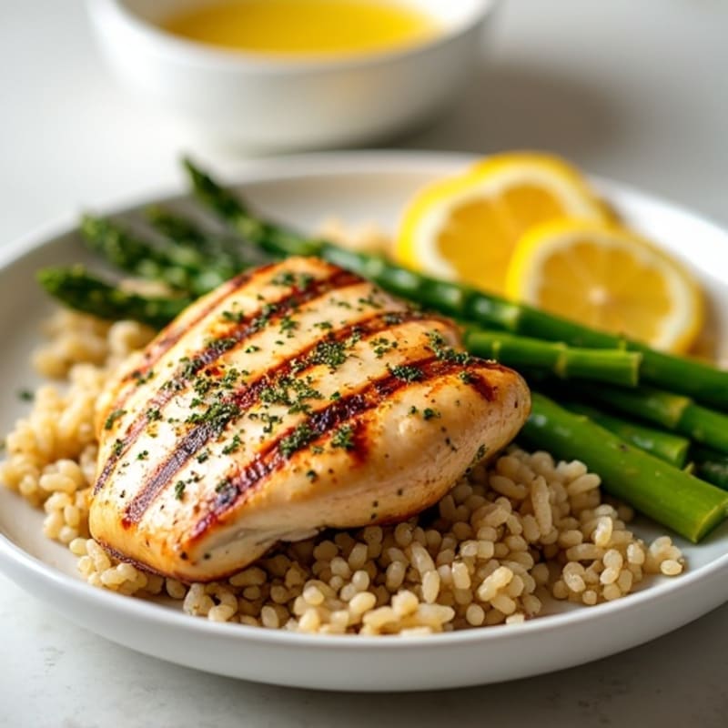Lemon Herb Grilled Chicken with Fluffy Brown Rice and Roasted Asparagus