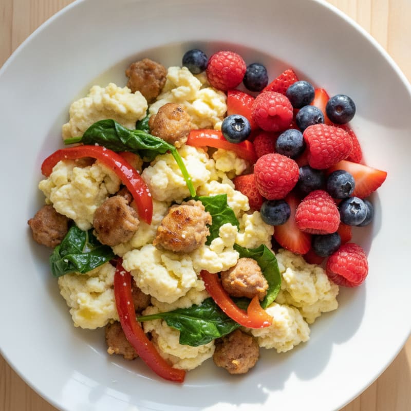 Egg White Veggie Scramble with Turkey Sausage and Fresh Berries