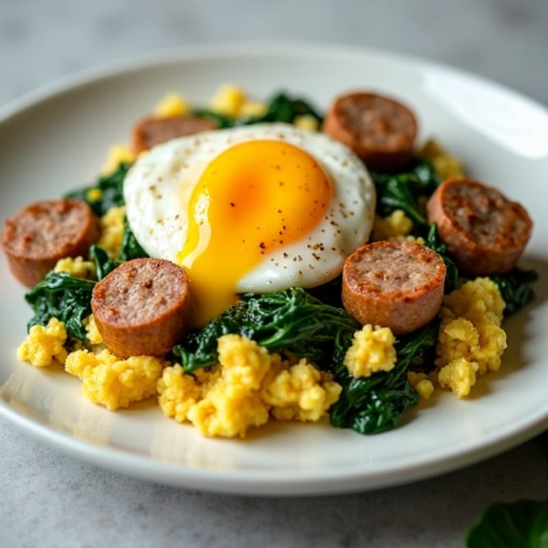 Fluffy Egg and Turkey Sausage Scramble with Spinach