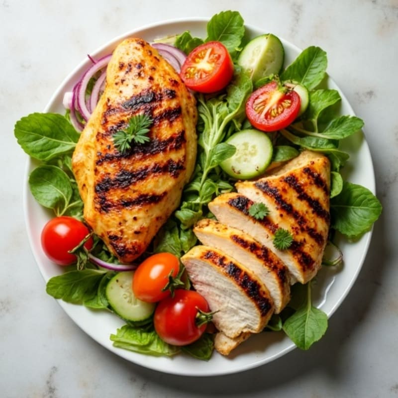 Grilled Chicken and Crispy Veggie Salad with Lemon-Herb Vinaigrette