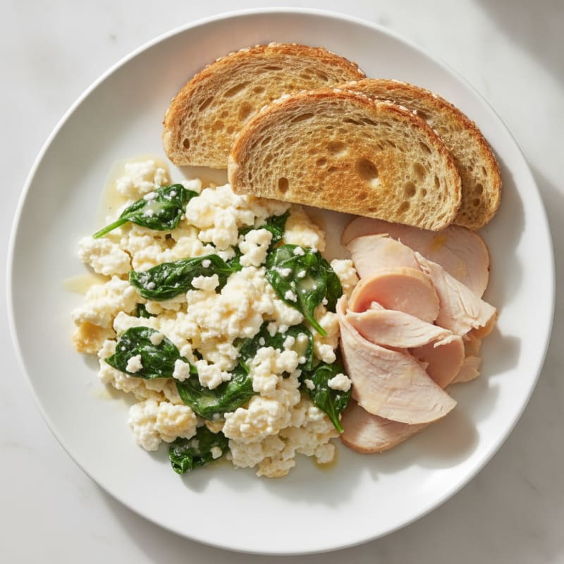 Egg White Spinach Scramble with Cottage Cheese and Sliced Turkey