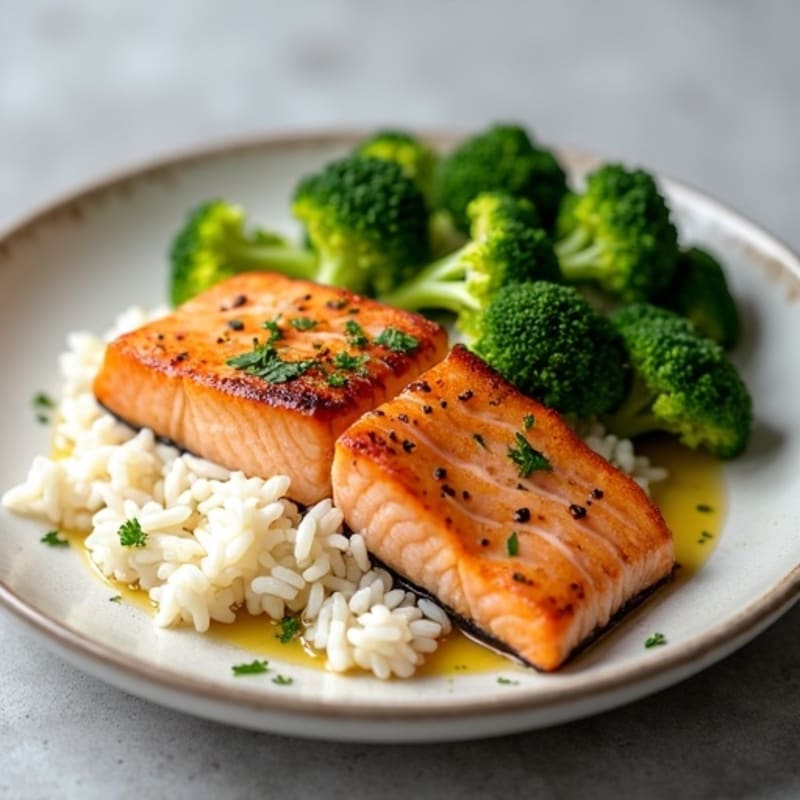 Seared Salmon Fillet with Steamed Rice and Garlic Broccoli