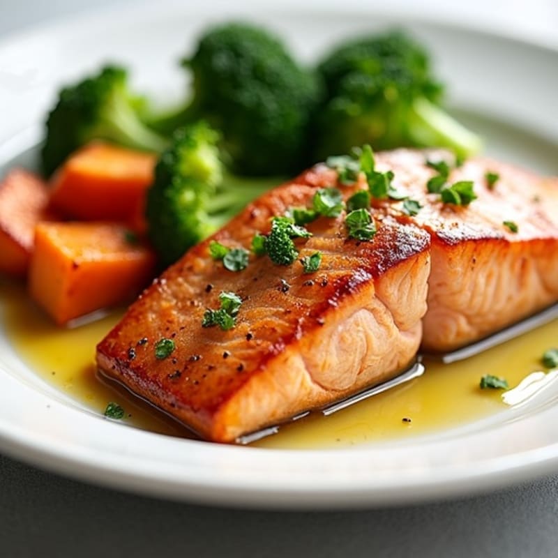 Seared Salmon with Roasted Sweet Potatoes and Broccoli