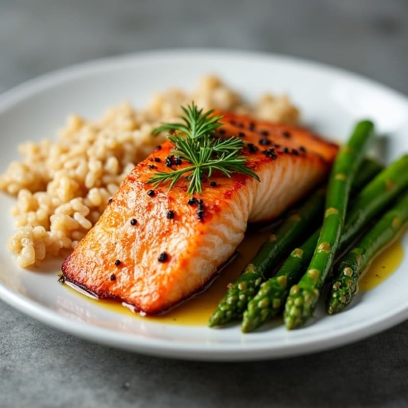 Seared Salmon Fillet with Brown Rice and Steamed Asparagus